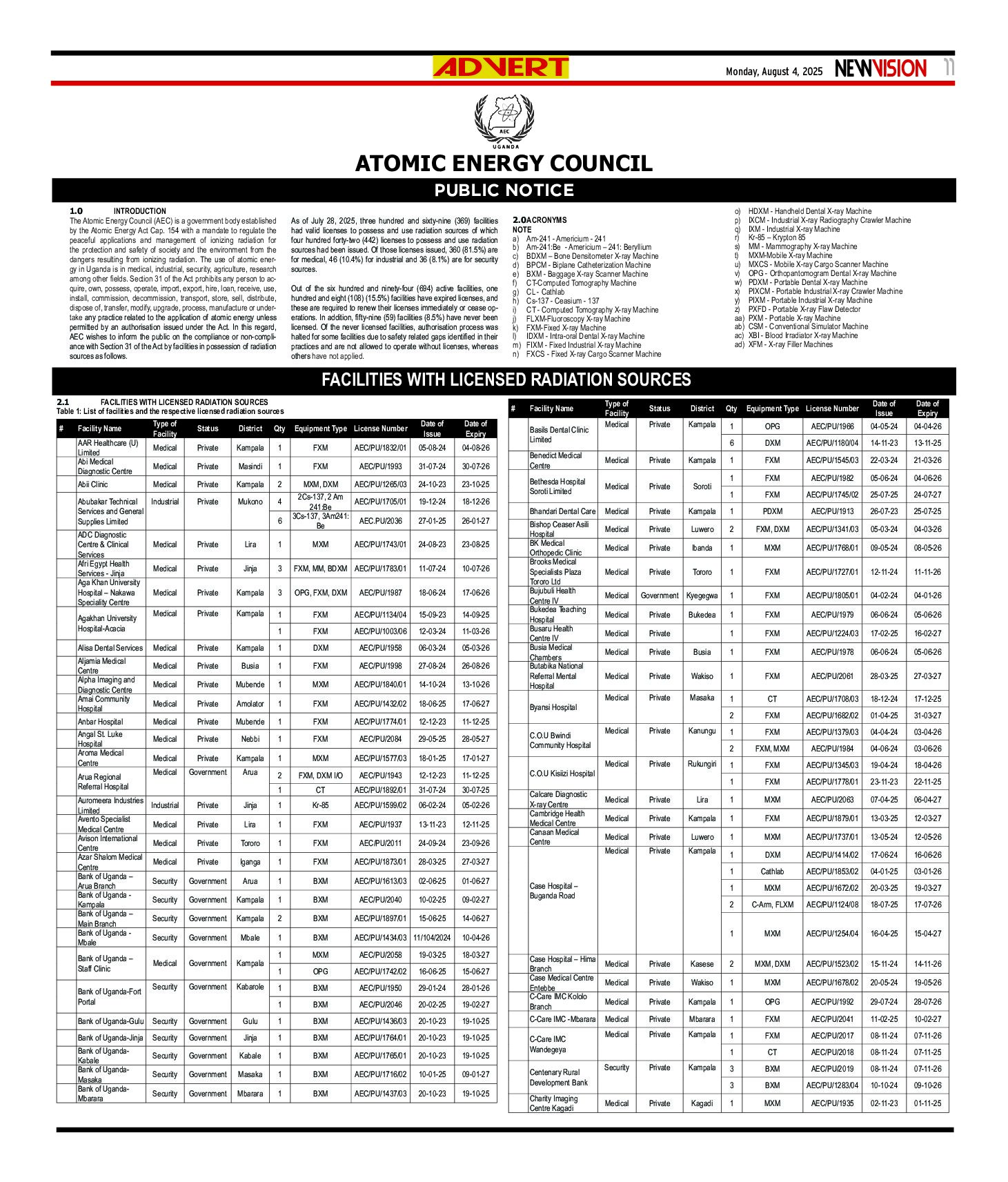 AEC Advert for facilities and radiation sources - As of July 28, 2025